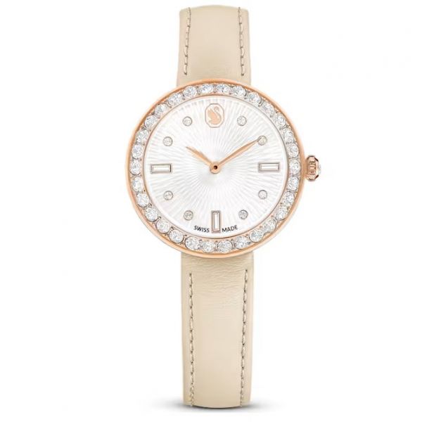 Montre Certa, Bracelet en cuir, Beige, Finition or rose