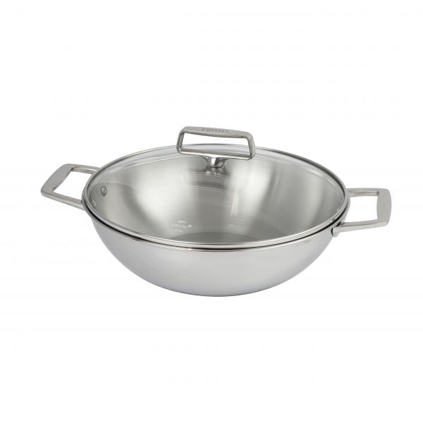 Wok castel pro inox 2 anses 28cm avec couvercle verre